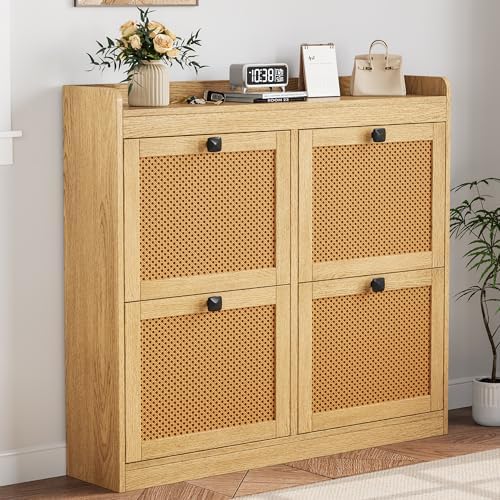 Garvee Shoe Storage Cabinet with 4 Flip Drawers, Wood Shoe Cabinet with Ratta...