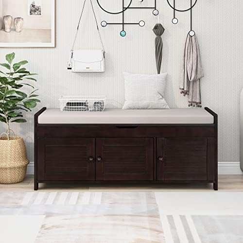 Shoe Storage Bench with 3 Shutter-Shaped Doors, Pine Wood Shoe Bench with Rem...