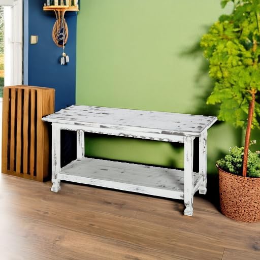 Country Cottage 36-Inch Farmhouse Entryway Bench with Storage Shelf – Solid P...
