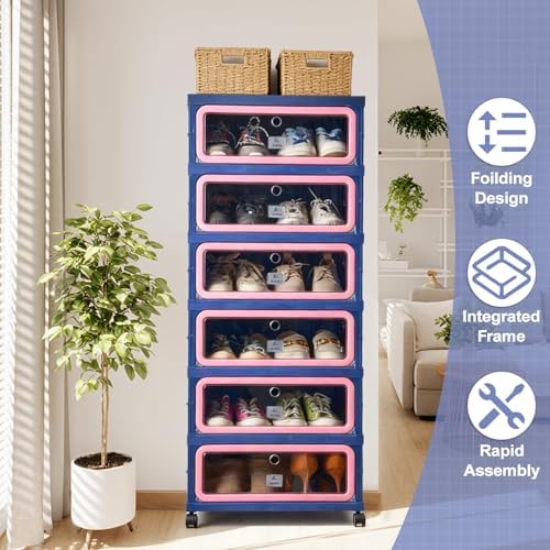 SAYMA Foldable Shoe Rack Organizer, Collapsible Shoe Cabinet with Magnetic Clear Door, Large Plastic Folding Shoe Cabinet, Easy Assembly Shoe Shelves Organizer for Entryway, 6 Tiers-12Pairs