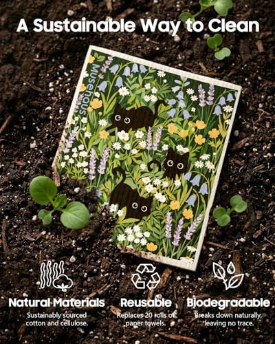 5 Pack Reusable Swedish Dishcloths, Cat in Flowers | Reusable Paper Towels, Non-Scratch, Absorbent, Compostable, Textured Surface, Sponge Cloths for Cleaning