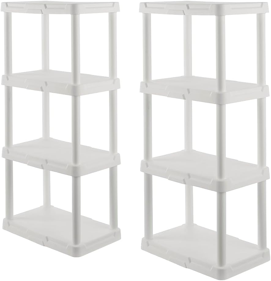 CENTREX 4-Tier Light Duty Plastic Storage Shelves, White, 50lbs/shelf, 2pk