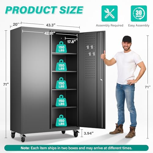 SISESOL Wide & Deep Metal Storage Cabinet with Wheels,Tall Rolling Garage...