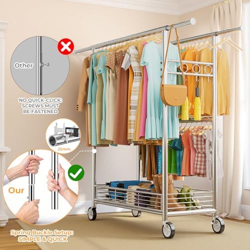 Heavy Duty Clothes Rack Load 960LBS, Three Rods Rolling Clothing Racks for Ha...