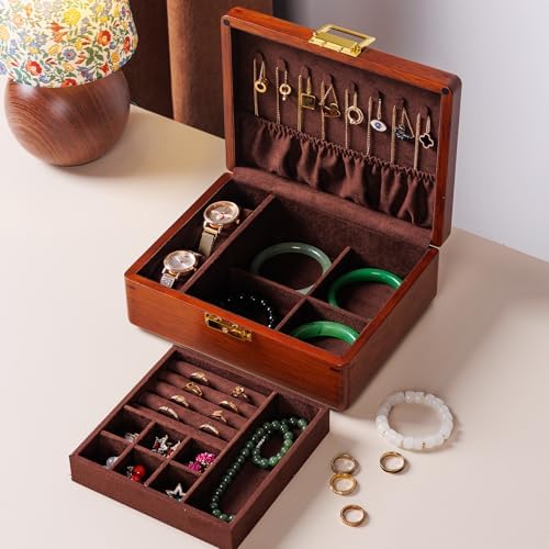 2 Layer Anti Tarnish Solid Wood Jewelry Organizer Box with Lock