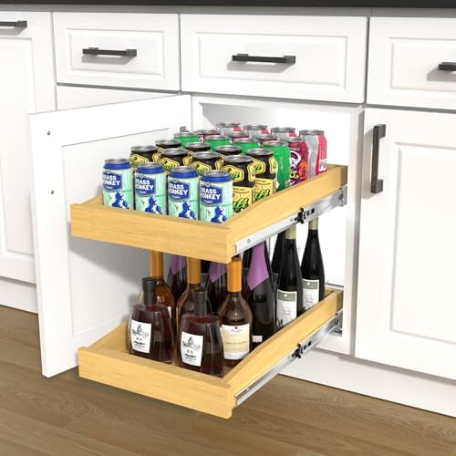 2 Tier Pull Out Cabinet Organizer, 17"W x 21"D Solid Wood Heavy-Dut...