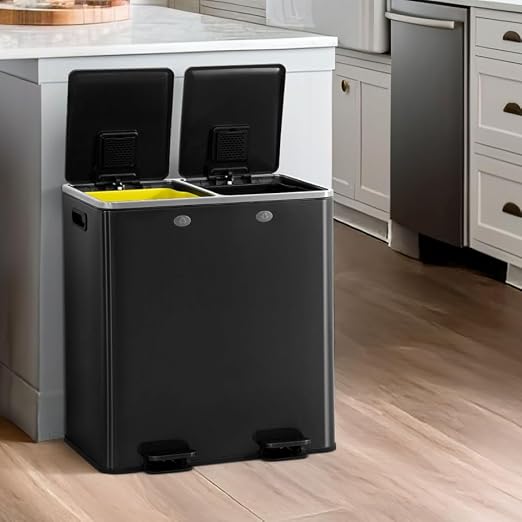 CAPHAUS Black Dual Trash Can w/Double Lid, Trash & Recycle Bins Combo, by CAPHAUS