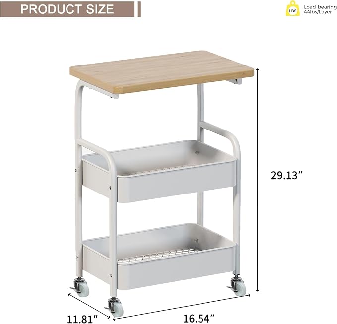 Rolling Cart with Wooden Tabletop 3-Tier Metal Utility Rolling Cart Storage - Image 2