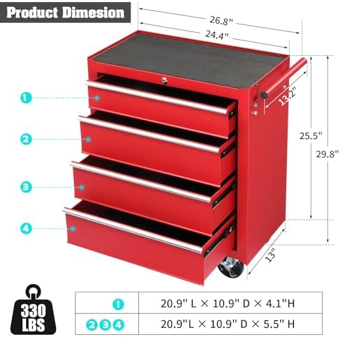 Winado 4 Drawer Rolling Tool Cabinet, Lockable Steel Tool Chest, Red