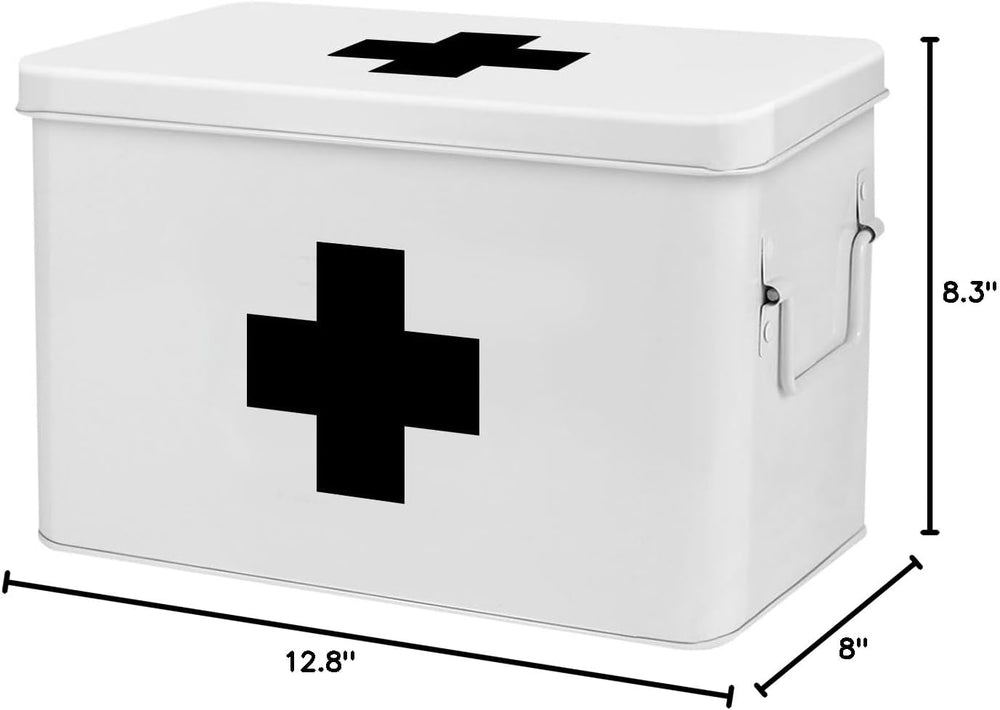 Flexzion Large Metal First Aid Box Empty, 13-Inch, White with Black Cross