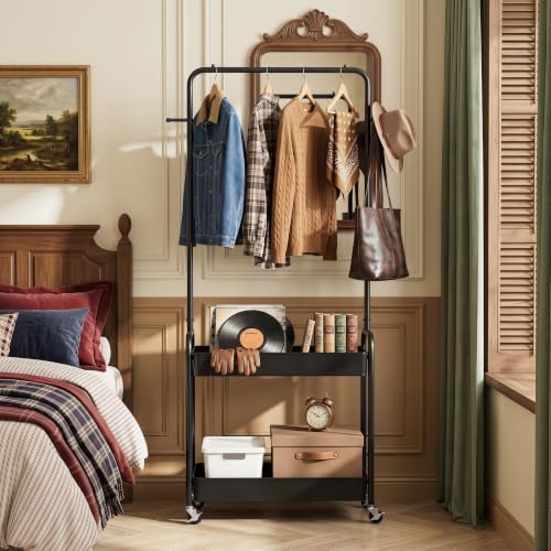 COSTWAY 3 in 1 Rolling Metal Clothes Rack with 2 Baskets & Hooks (Black)