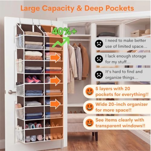 Over the Door Organizer 5 Tiers, Extra Large Behind Door Storage of 10 Compartments, 80 lbs Weight Capacity Over Door Organizer, Door Hanging Organizer for Closet, Diaper Organizer (Brown)