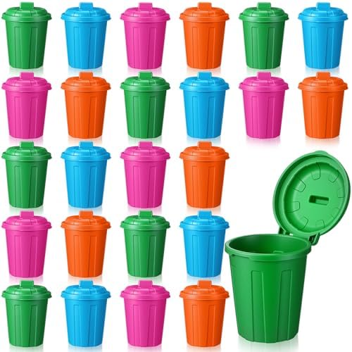 Zubebe 24 Pcs Colorful Mini Trash Can, Toy Garbage Can, Small Desktop Storage Bin with Lids, for Trash Party Favor, Garbage Truck Birthday Decoration, Party Supplies, School Classroom Home