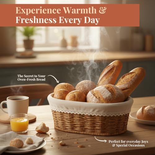 Bread Basket with Warmer – Woven Bread Basket with Terracotta Warming Stone, ...