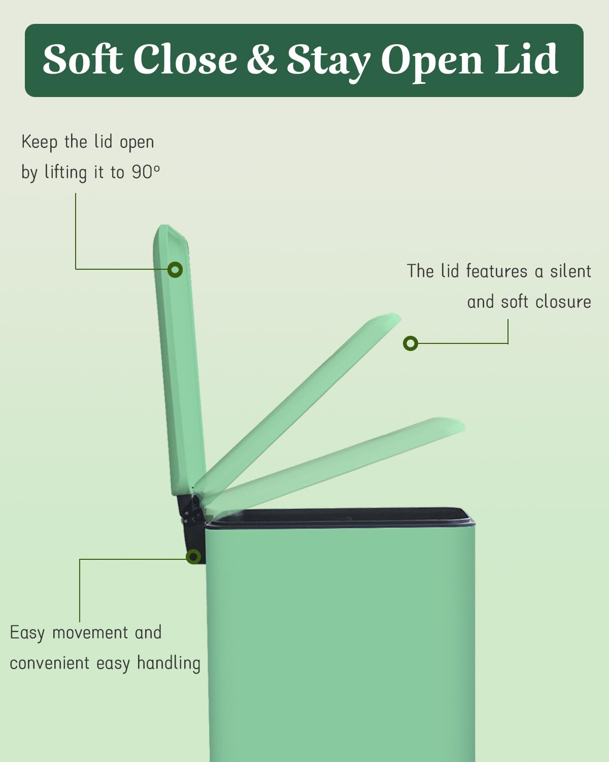 12 Gallon Slim Kitchen Trash Can, Large Slim Green Garbage Can | Stainless Steel Trash Can, Plastic Removal Inner Bucket, Soft-Close Lid, 45 Liter Pedal Garbage Can, for kitchen, bathroom