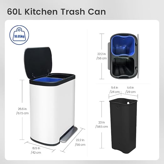 16 Gallon Dual Trash Can, Kitchen Recycling Bins - Image 3
