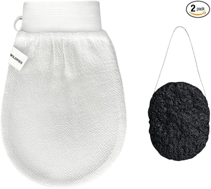 Wildpier Deep Exfoliating Glove and Bamboo Charcoal Konjac Sponge Bundle by Wildpier