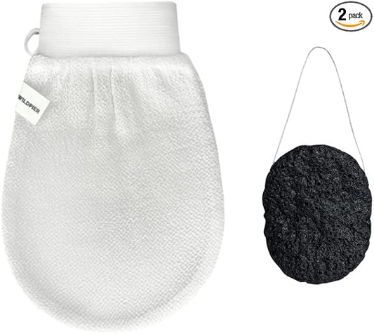 Wildpier Deep Exfoliating Glove and Bamboo Charcoal Konjac Sponge Bundle by Wildpier
