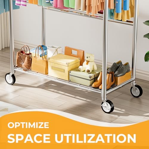 Heavy Duty Clothes Rack Load 1060LBS, Four Rods Rolling Clothing Racks for Ha...