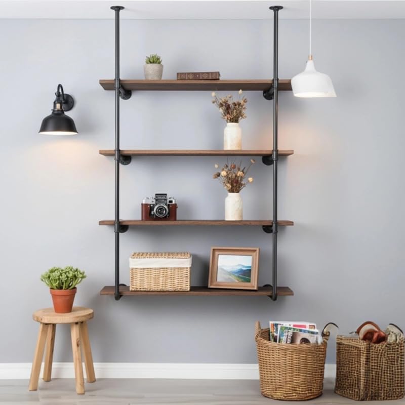 Industrial Pipe Shelving System with 4 Tiers, Black Iron Wall Mount, Floor to...