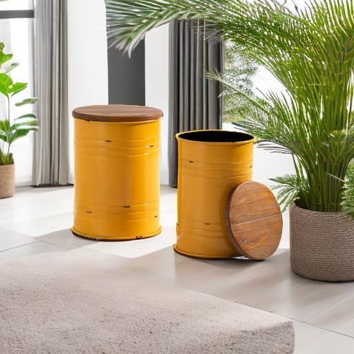 Glitzhome Rustic End Table Set of 2, Farmhouse Galvanized Metal Barrel Ottoma...