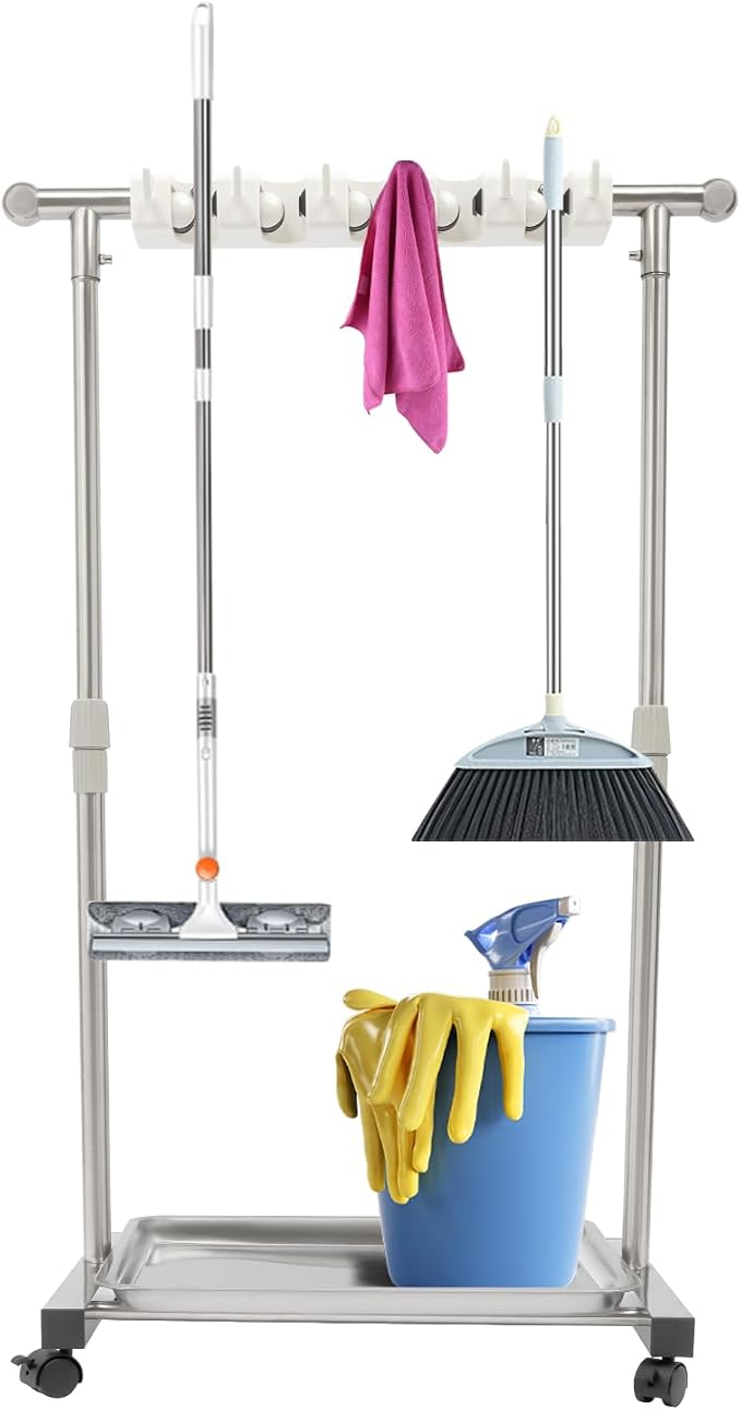 Broom Mop Holder, Movable Put Wet Mops Broom Floor Standing Cleaning Tool Rack - Image 2