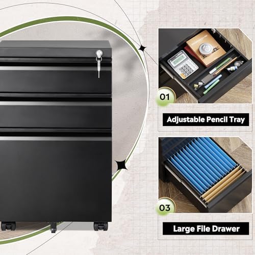 DEVAISE 3 Drawer File Cabinet with Lock, Fully Assembled Except Casters