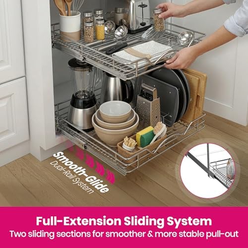 2-Tier Pull-Out Cabinet Organizer for Kitchen, 26"W x 21”D x 16.5"H