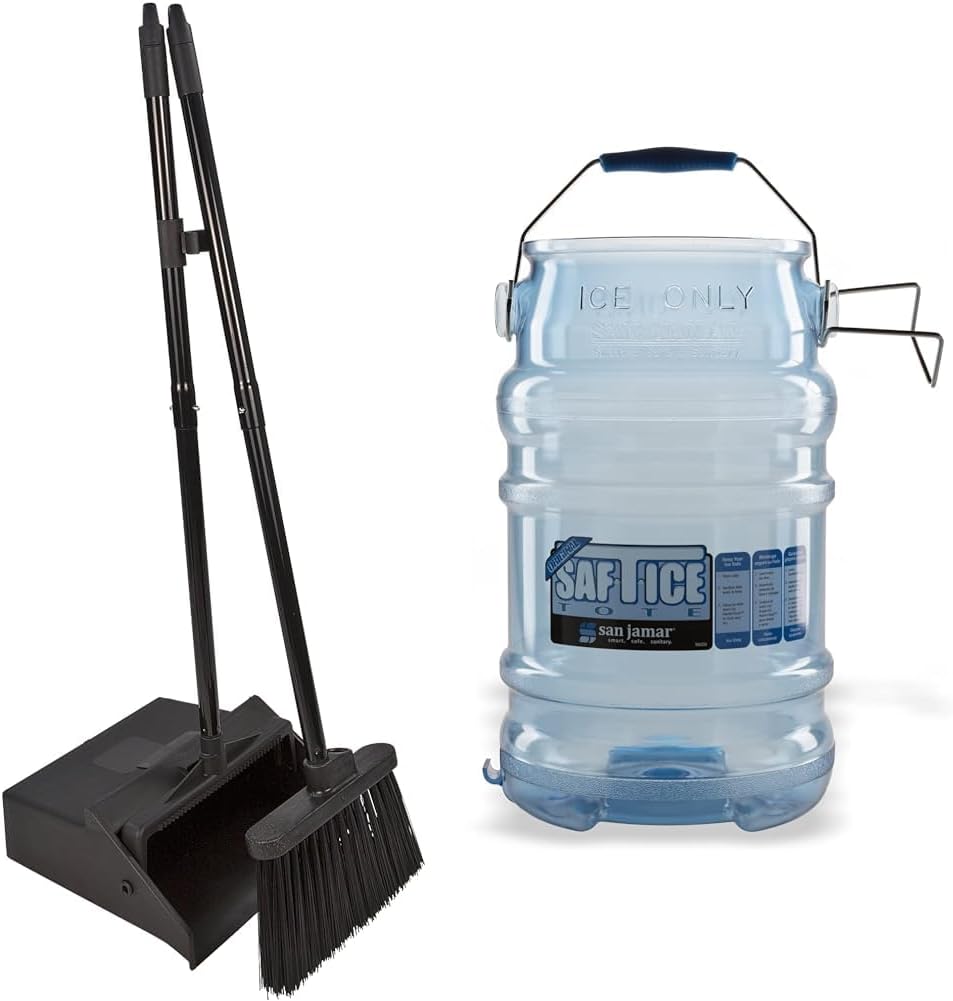 Carlisle FoodService Products Duo-Pan Upright Dust Pan and Broom Broom Set with Clip & San Jamar Saf-T-Ice Plastic Ice Tote, Ice Bucket with Drying and Storage Hook for Restaurants, Bars, Black