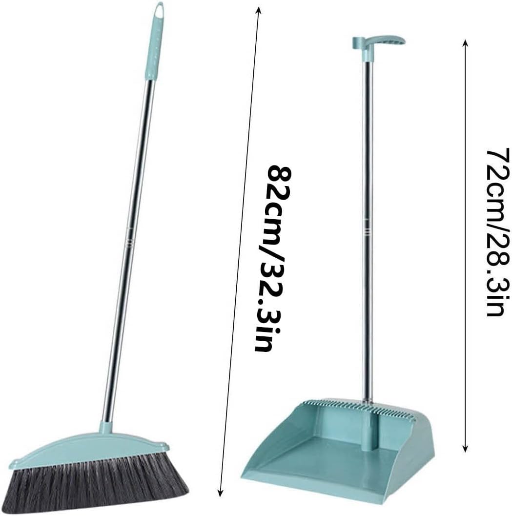 Broom and Dustpan Set, 32" Stainless Steel Long Handle,Standing Storage, Indoor Sweeping Combo for for Home & Kitchen, Broom with Dustpan Combo Set, Teeth Comb, Green