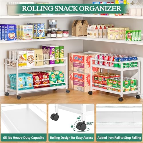 2-Tier Expandable Rolling Pantry Cart with Wheels, Adjustable Floor Organizer...
