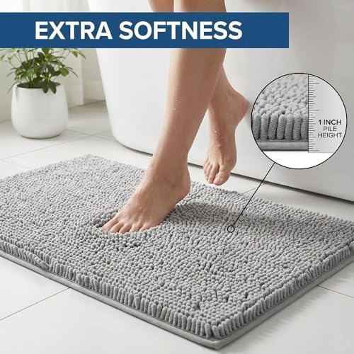 Bathroom Rugs Sets 2 Piece,Super Absorbent Chenille Bath Mats and U-Shaped Toilet Rug,Strong PVC Non Slip Backing,Microfiber Washable Dry Quickly Bath Mats for Bathroom(20"x32"+20"x20"U, Light Grey)