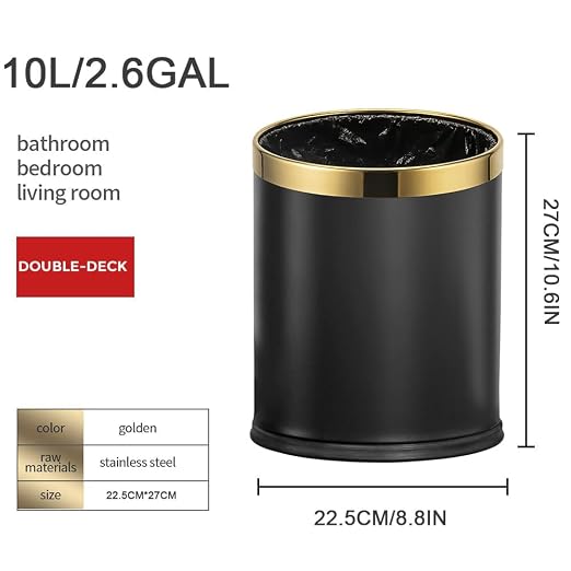 10L/2.6GAL Black and Gold Open Top Trash Can - Image 7
