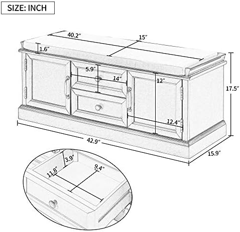 Storage Bench, Solid Wood Shoe Bench with 2 Drawers/2 cabinets/Removable Cush...