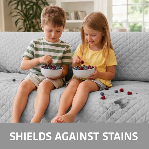 Sofa Shield 100% Waterproof Couch Cover with Patented Straps, Slip & Stain Resistant Furniture Protector, Machine Washable Sofa Slipcover for Dogs Cats Pets Kids, 70 inch Seat, Light Gray