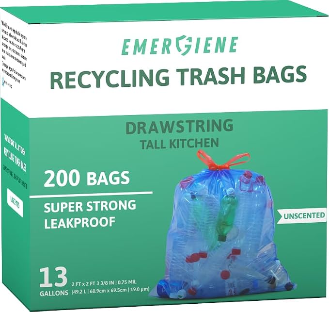 13 Gallon Recycling Trash Bags, Pre-Separated, Ultra Strong, Translucent Blue by Emergiene
