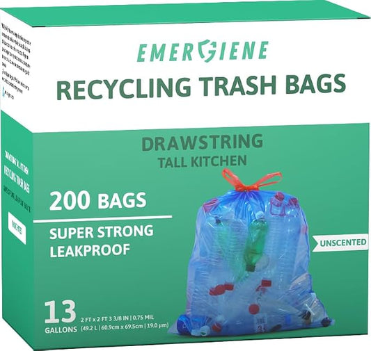 13 Gallon Recycling Trash Bags, Pre-Separated, Ultra Strong, Translucent Blue by Emergiene