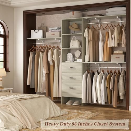 Armocity 96" Wood Closet System with 3 Enclosed Drawers & 3 Solid Sh...