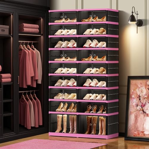 CIMLORD 9-Tier Foldable Shoe Rack Organizer with Door, 36 Pairs, Black-Pink