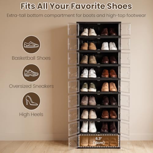 9 Tier Foldable Shoe Rack, Plastic Shoe Storage Cabinet with Clear Doors
