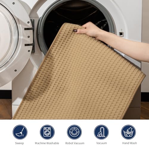 YIHOUSE Waffle Ultra Thin Small Bath Mat, Soft & Absorbent Bathroom Rug, Non-Slip Rubber Backed, Quick Dry Shower Mat, Boho Farmhouse Bathroom Decor, Machine Washable, Khaki, 17 * 24