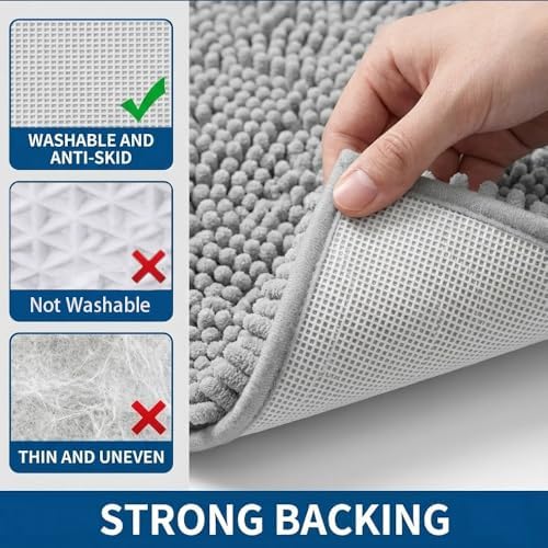 Bathroom Rugs Sets 2 Piece,Super Absorbent Chenille Bath Mats and U-Shaped Toilet Rug,Strong PVC Non Slip Backing,Microfiber Washable Dry Quickly Bath Mats for Bathroom(20"x32"+20"x20"U, Light Grey)
