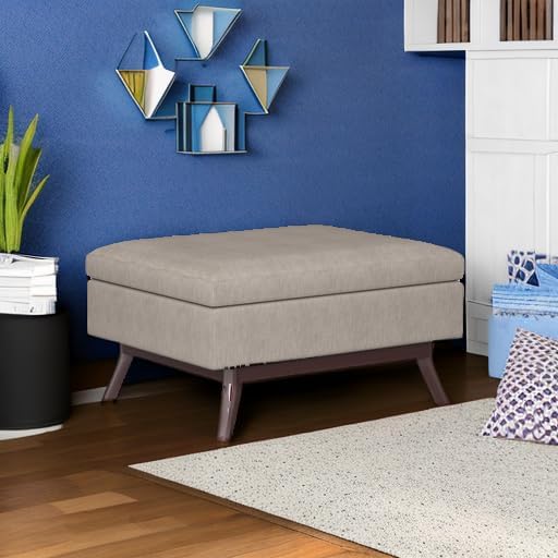 SIMPLIHOME Owen 34" Wide Linen Look Fabric Lift Top Ottoman in Natural