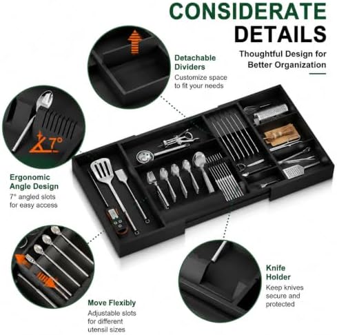 Bamboo Expandable Kitchen Drawer Organizer, 17.7-29.5 in,Black