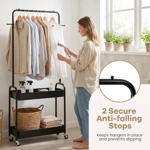 COSTWAY 3 in 1 Rolling Metal Clothes Rack with 2 Baskets & Hooks (Black)