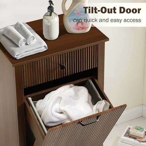 Wood Laundry Basket Cabinet, Hidden Trash Can Cabinet with Drawer, Versatile ...