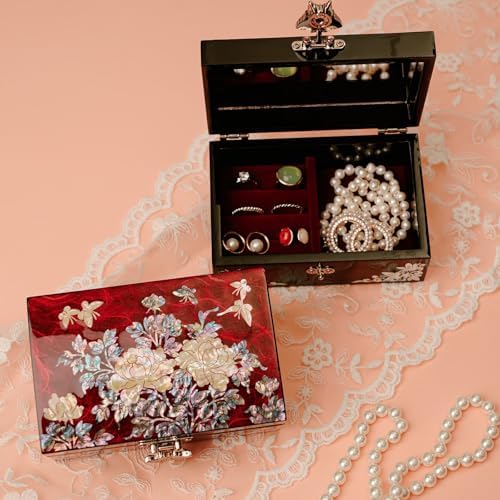 February Mountain Korean Mother of Pearl Jewelry Box – Red Floral Peony Desig...