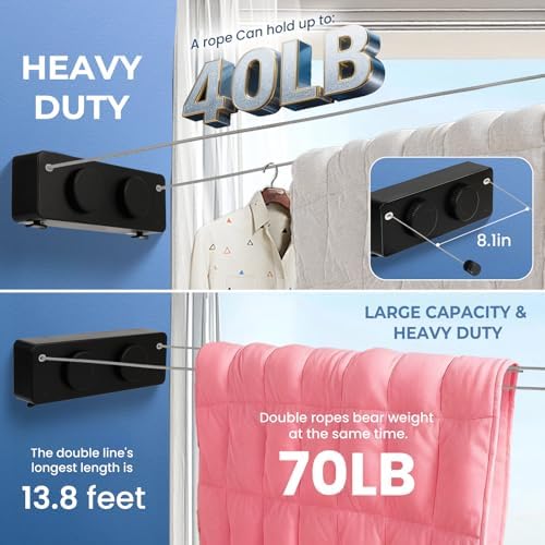 Retractable Clothesline Indoor Outside Heavy-Duty, Upgrade 304 Double Stainle...
