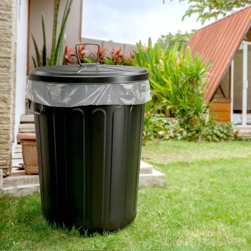 Plexon 20 Gallon Metal Trash Can with Lid Outdoor Large Trash Bin Steel Garbage Can for Garage Patio Farmhouse Bucket Bird Seed Storage Can Heavy Duty Round Container, Black