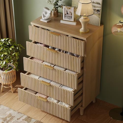 Wood Tall 5 Drawers Dresser, 27.6" W Fluted Modern Dressers for Bedroom